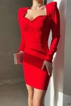 Kırmızı Kalp Yaka İthal Krep Kumaş Uzun Kol Basic Mini Elbise