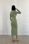 Mint İthal Krep Kumaş Yırtmaç Detay Uzun Kol Midi Elbise