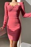 Pudra Kalp Yaka İthal Krep Kumaş Uzun Kol Basic Mini Elbise