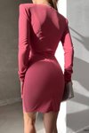 Pudra Kalp Yaka İthal Krep Kumaş Uzun Kol Basic Mini Elbise