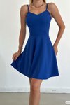 Saks Mavisi İnce Askılı Sırt Detay İthal Krep Kumaş Mini Elbise