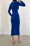 Saks Mavisi İthal Krep Kumaş Yırtmaç Detay Uzun Kol Midi Elbise
