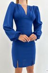 Saks Mavisi Uzun Balon Kol Yırtmaç Detay İthal Krep Kumaş Mini Elbise