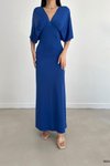Saks Mavisi Yarasa Kol Sandy Kumaş Uzun Yırtmaç Detay Elbise