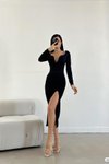Siyah İthal Krep Kumaş Yırtmaç Detay Uzun Kol Midi Elbise