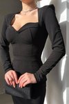 Siyah Kalp Yaka İthal Krep Kumaş Uzun Kol Basic Mini Elbise