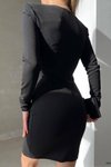 Siyah Kalp Yaka İthal Krep Kumaş Uzun Kol Basic Mini Elbise