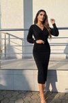 Siyah Kruvaze Yaka Uzun Kol Simli Krep Kumaş Elbise