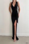 Siyah Yırtmaç Detay İthal Krep Kumaş Uzun Abiye Elbise
