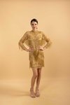 Gold Uzun Kollu Püsküllü Mini After Party Abiye Elbise