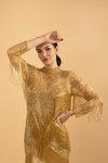 Gold Uzun Kollu Püsküllü Mini After Party Abiye Elbise