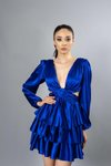 Sax Göğüs Dekolteli Uzun Kollu Saten Saks Mini Abiye Elbise