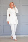Beyaz Pilise Detaylı Blazer Ceket Pantolon Takım