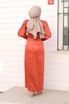 Turuncu Rena Çapraz Detaylı Kemerli Saten Abiye Elbise