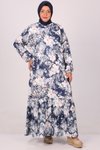 Çiçek Desen Lacivert Büyük Beden Etek Ucu Fırfırlı Bürümcük Elbise