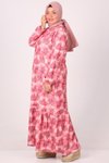 Yaprak Desen Pembe Büyük Beden Etek Ucu Fırfırlı Bürümcük Elbise