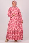 Yaprak Desen Pembe Büyük Beden Etek Ucu Fırfırlı Bürümcük Elbise