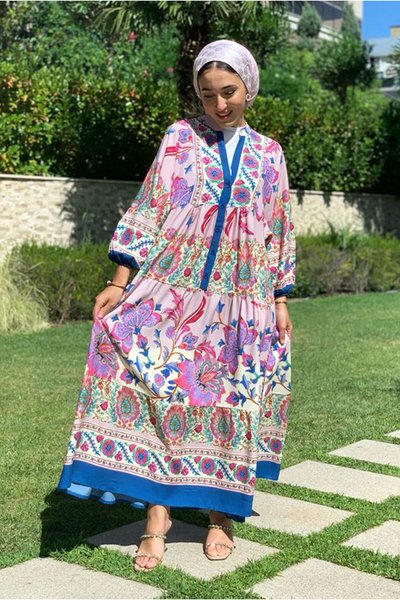Çiçekli Lila Zara Model Viskon Elbise