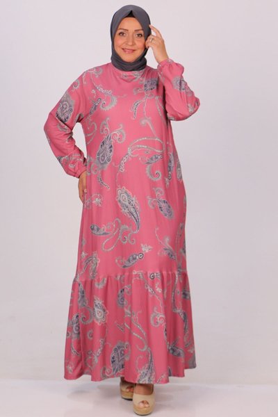Etnik Desen Pembe Büyük Beden Etek Ucu Fırfırlı Bürümcük Elbise