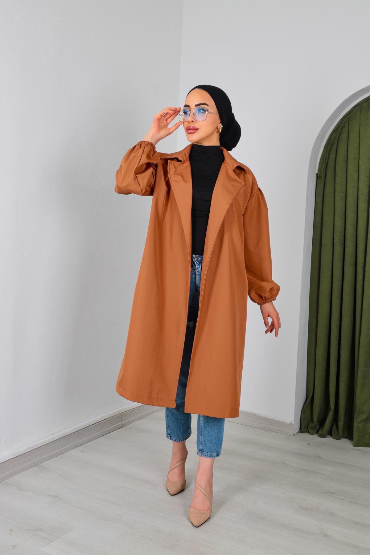 Taba Valon Kol Trench Coat - Ensa Tesettür