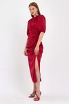 Kırmızı Dik Yaka Saten Uzun Abiye Elbise