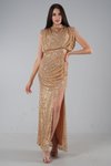 Gold Payetli Dik Yaka Yırtmaçlı Uzun Abiye Elbise