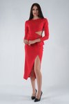 Kırmızı Yırtmaçlı Tokalı Midi Elbise