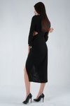 Siyah Yırtmaçlı Tokalı Midi Elbise