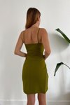 Açık Yeşil Krep Kumaş İnce Askılı Katlamalı Mini Elbise