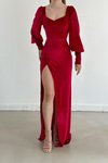 Kırmızı Balon Kol Yırtmaç Detay Kadife Kumaş Uzun Abiye Elbise