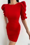 Kırmızı Bel Dekolte Detay Yarım Kol İthal Krep Kumaş Mini Elbise