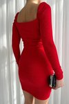 Kırmızı Simli Krep Kumaş Büzgü Detay Uzun Kol Mini Abiye Elbise