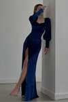 Saks Mavisi Balon Kol Yırtmaç Detay Kadife Kumaş Uzun Abiye Elbise