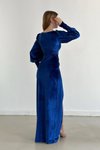 Saks Mavisi Balon Kol Yırtmaç Detay Kadife Kumaş Uzun Abiye Elbise