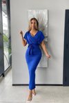 Saks Mavisi Kruvaze Yaka Kuşak Detay Scuba Kumaş Uzun Elbise