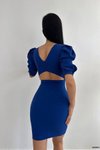 Sırt Dekolteli Saks Mavisi Dekolte Detay Yarım Kol İthal Krep Kumaş Mini Elbise