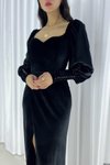 Siyah Balon Kol Yırtmaç Detay Kadife Kumaş Uzun Abiye Elbise