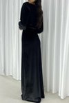 Siyah Balon Kol Yırtmaç Detay Kadife Kumaş Uzun Abiye Elbise