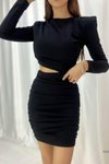 Siyah Bel Dekolteli Uzun Kol Vatkalı İthal Krep Kumaş Mini Elbise