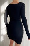 Siyah Kruvaze Yaka Uzun Kol Basic Standart Beden Mini Triko Elbise