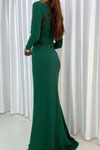 Yeşil Kruvaze Yaka Yırtmaç Detay İthal Krep Kumaş Kemerli Uzun Abiye Elbise