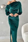 Yeşil Tek Omuzlu Açık Detay Kadife Kumaş Uzun Kol Abiye Elbise