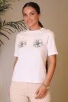 Beyaz Papatya Desenli Taşlı T-shirt