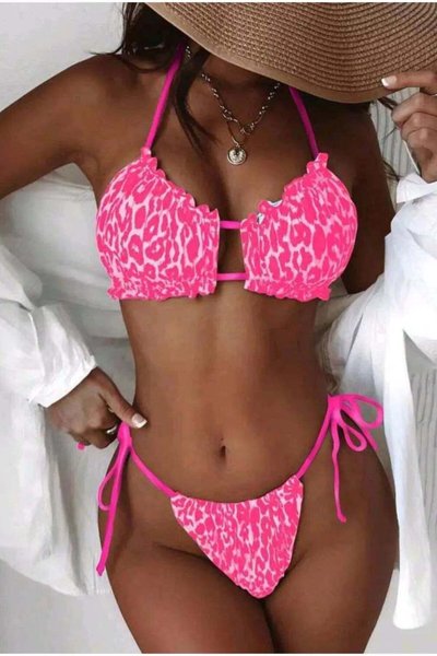 Pembe Neopembe Büzgülü Bikini Takım