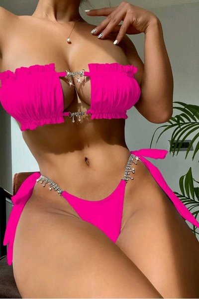 Pembe Taş Detaylı Bikini Takım