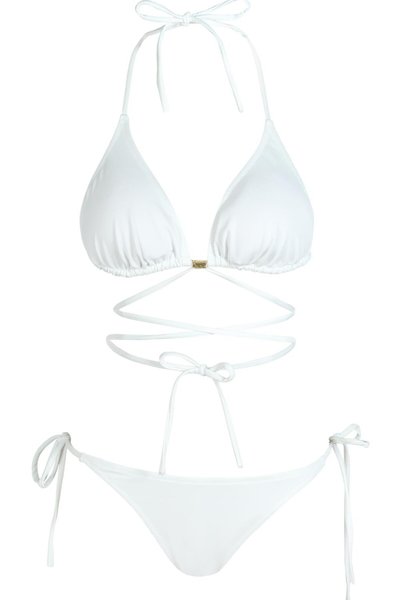 Beyaz Çapraz Bağlama Detaylı Üçgen İpli Bikini Takım