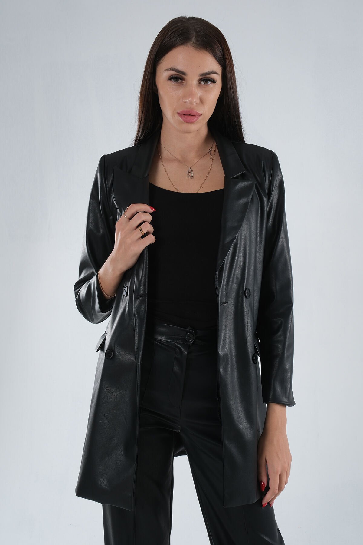 Siyah Astarlı Düğmeli Blazer Deri Ceket - Ardanewline