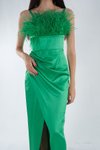 Askılı Benetton Saten Tüylü Uzun Abiye Elbise