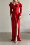 Askılı Kırmızı Omuz Detay Uzun Kol Yırtmaç İthal Krep Kumaş Kemerli Abiye Elbise