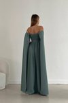 Askılı Mint Omuz Açık Detay Pelerin Kol Kendinden Kemerli İthal Krep Kumaş Uzun Abiye Elbise